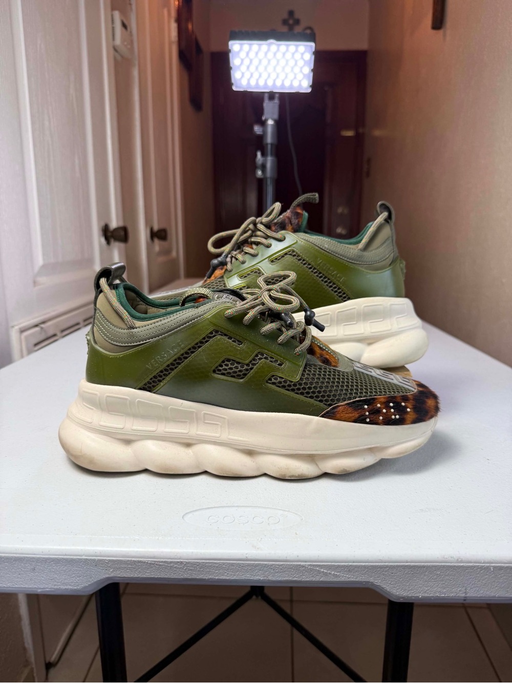 Versace Men's Sz 10/43 EUR Chain Reaction Leopard Khaki Green Vit. Cavallino St.